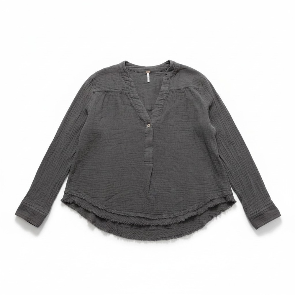 Free People Gauze Blouse Women Small Charcoal Grey Boho Raw Hem Henley Top